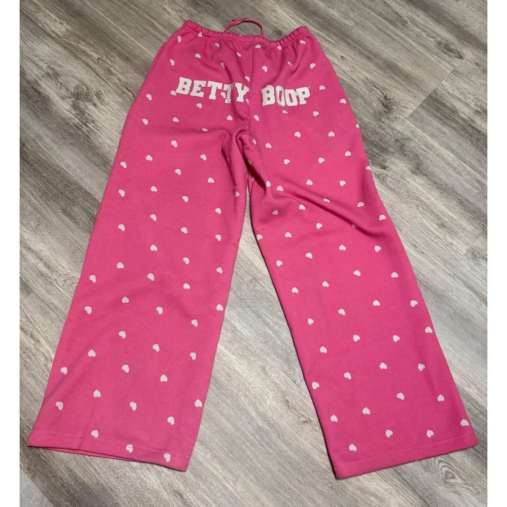 Betty Boop Pink Heart‎ Print Wide Leg Sweatpants Fleischer Studios Small